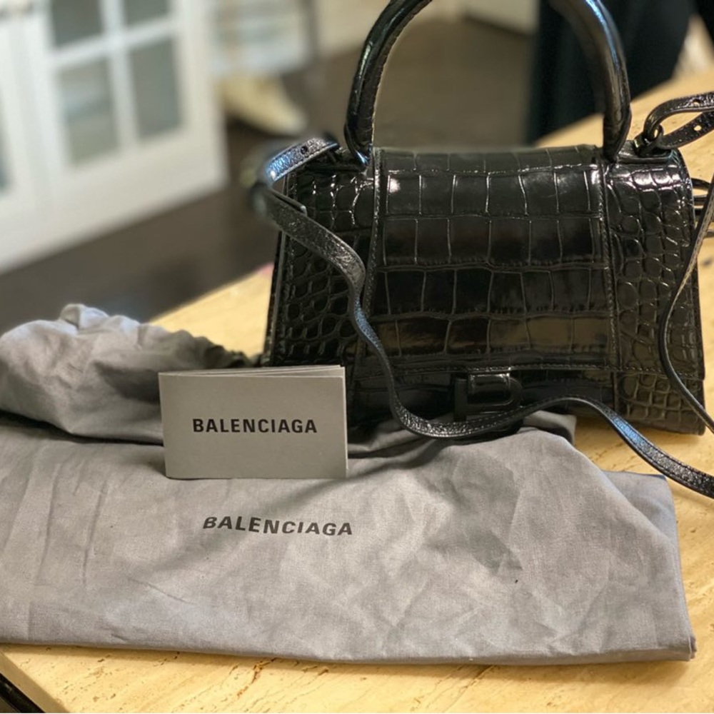 Balenciaga, Black, hourglass handle bag with strap $2300